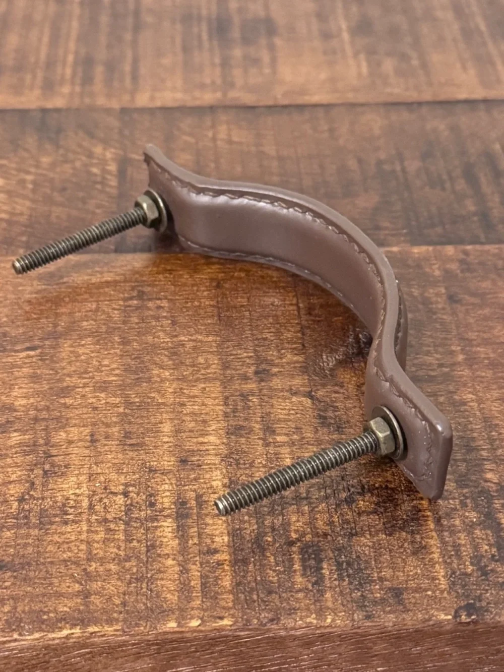 Anthropologie Leather Drawer Pull Handle Brown Saddle Stitch Brass Hardware NWOT